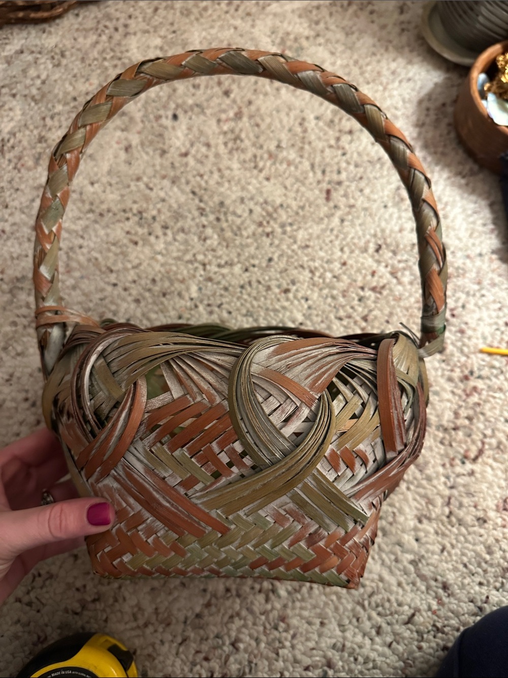 Vintage Woven double walled woven Basket Bag in Tan & Olive 10x7x13